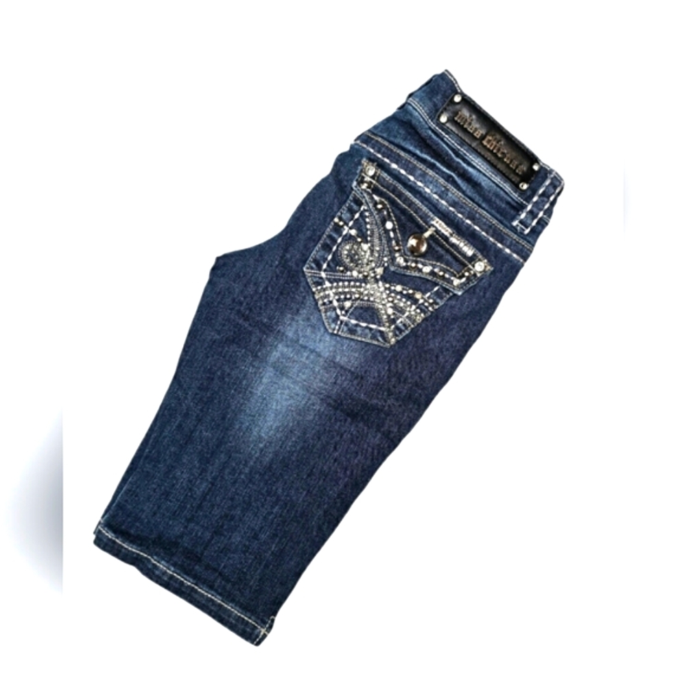 Miss Chic Dark Denim Bermuda Shorts Rhinestone Bling Embroidered Size 3